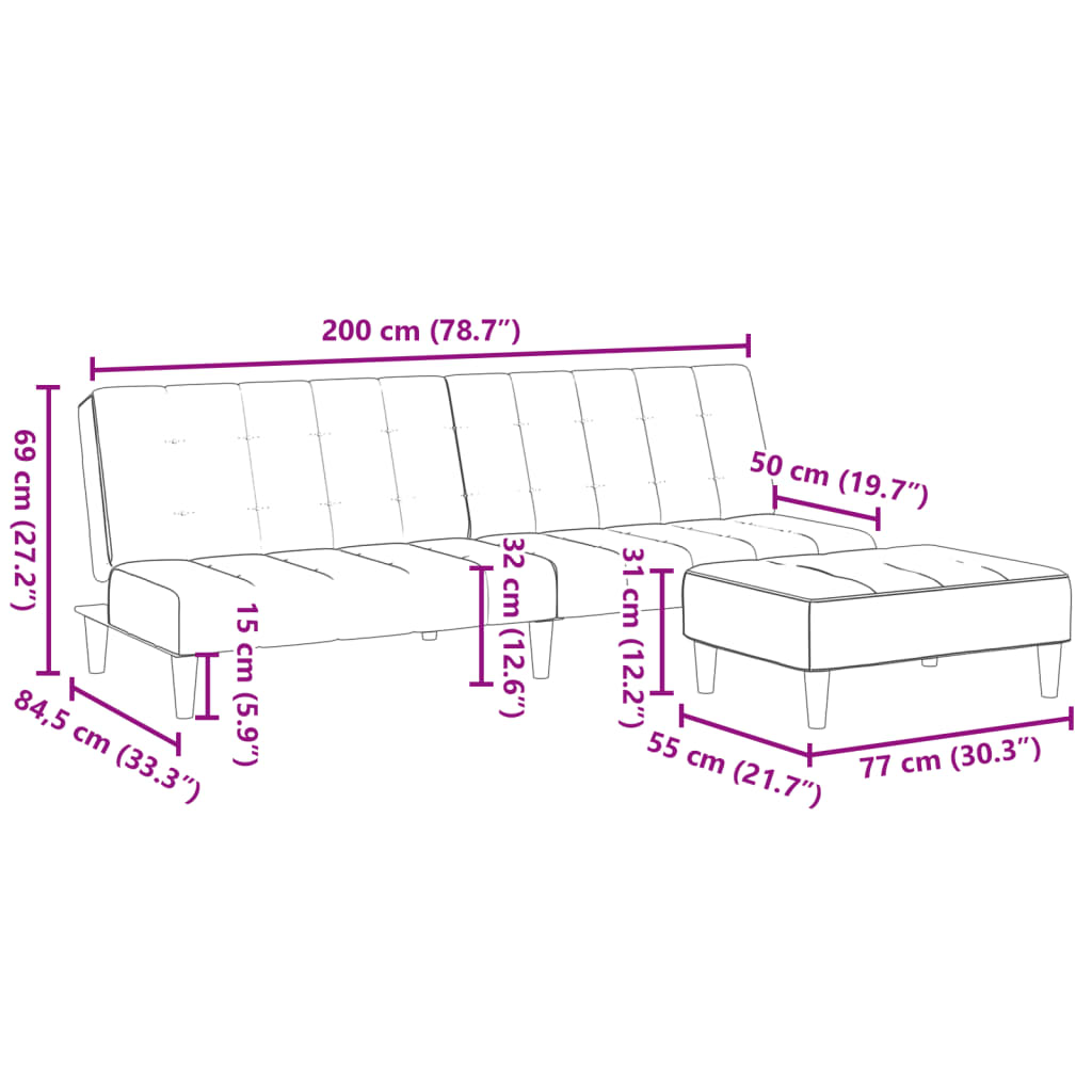 Sofá-cama 2 lugares c/ apoio de pés veludo azul