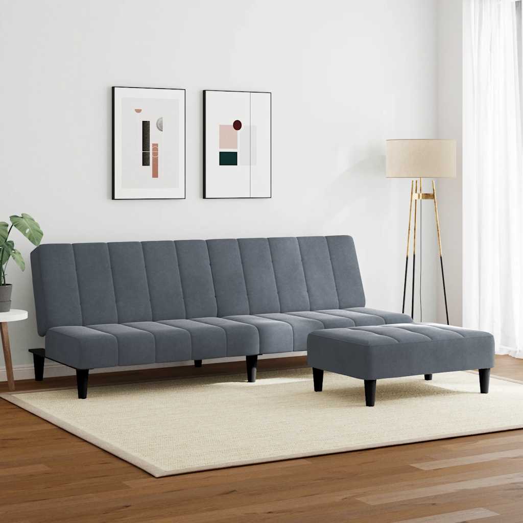 Sofá-cama 2 lugares c/ apoio de pés veludo cinzento-escuro