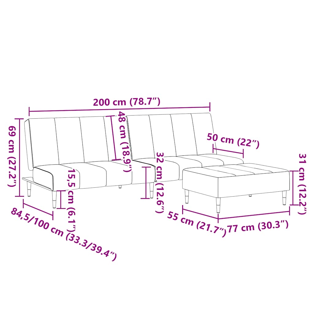 Sofá-cama 2 lugares c/ apoio de pés veludo preto