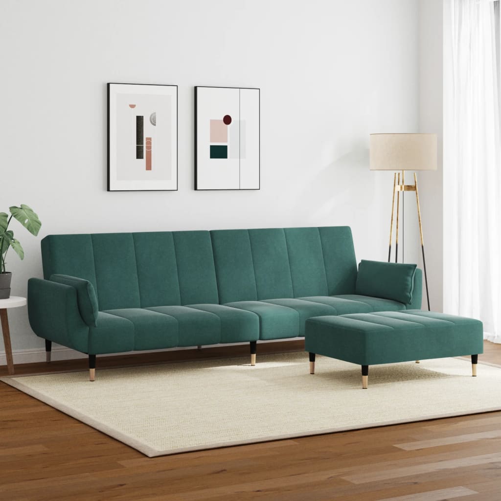 Sofá-cama 2 lugares c/ apoio de pés veludo verde-escuro