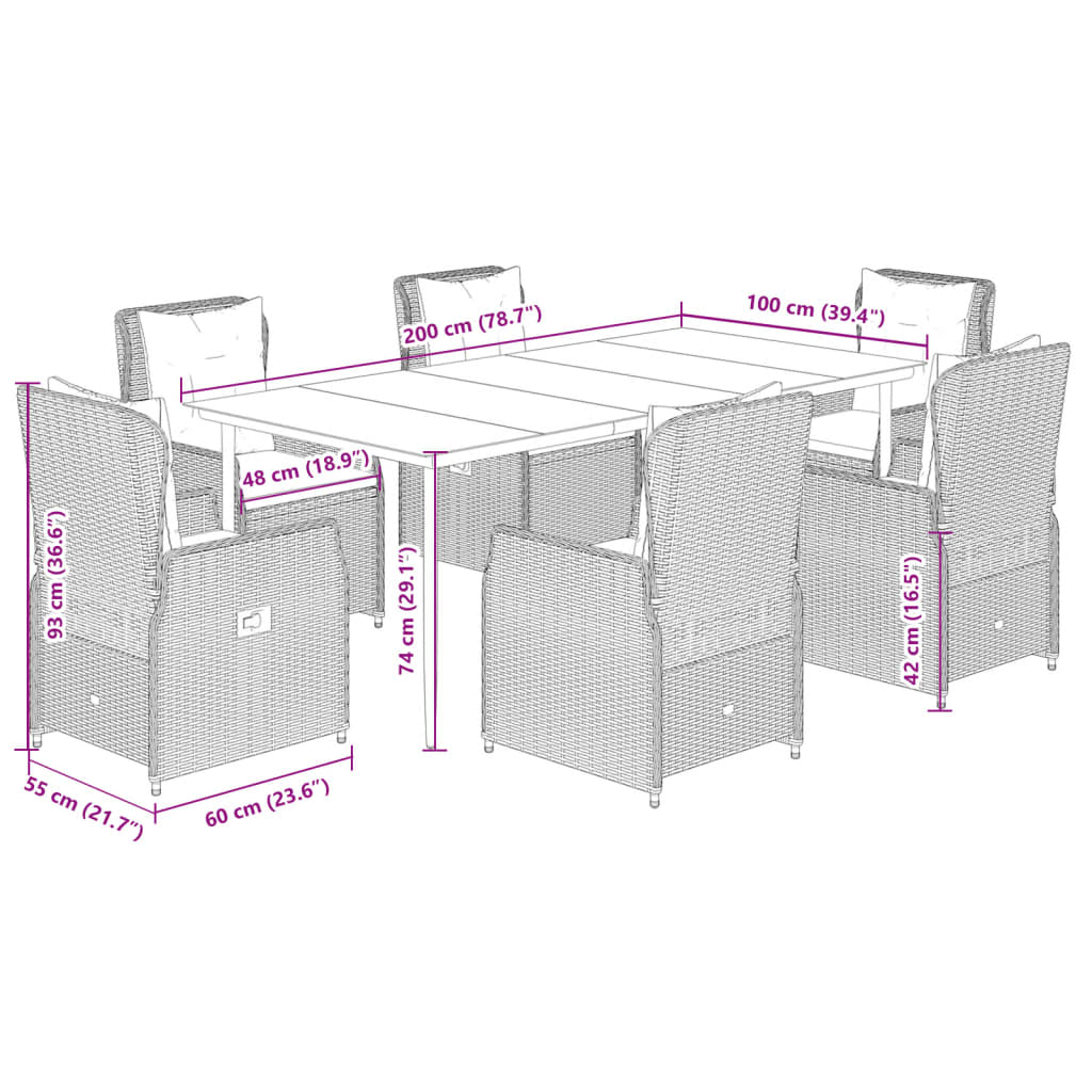 7 pcs conjunto de jantar p/ jardim c/ almofadões vime PE preto