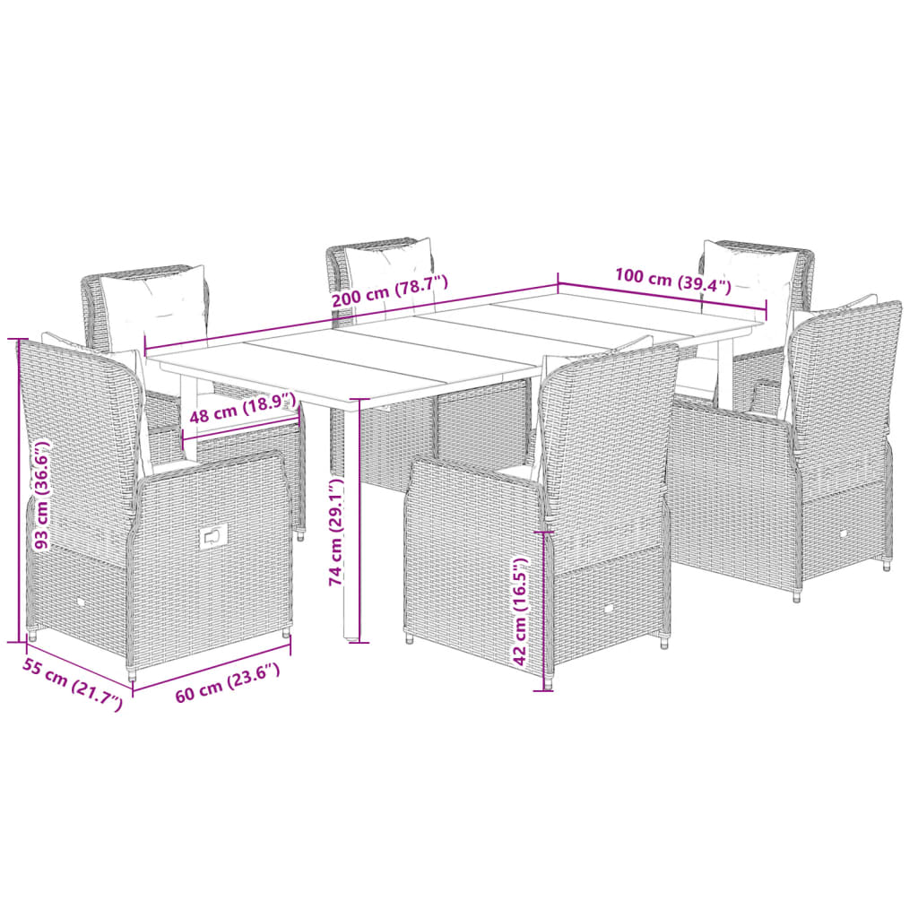 7 pcs conjunto de jantar p/ jardim c/ almofadões vime PE preto