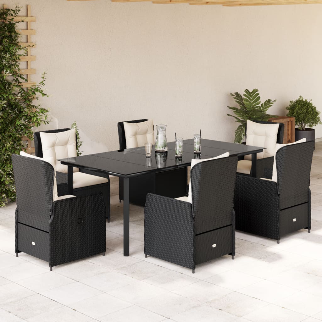 7 pcs conjunto de jantar p/ jardim c/ almofadões vime PE preto