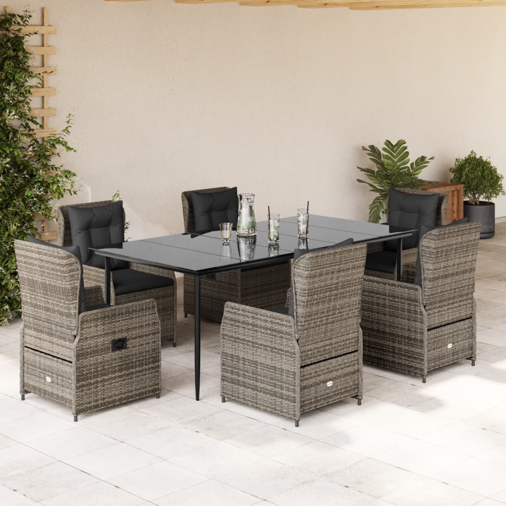 7 pcs conjunto de jantar p/ jardim c/ almofadões vime PE cinza