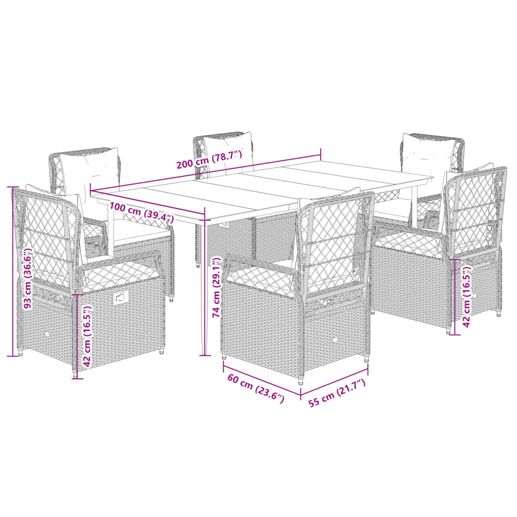 7 pcs conjunto jantar p/ jardim c/ almofadões vime PE castanho