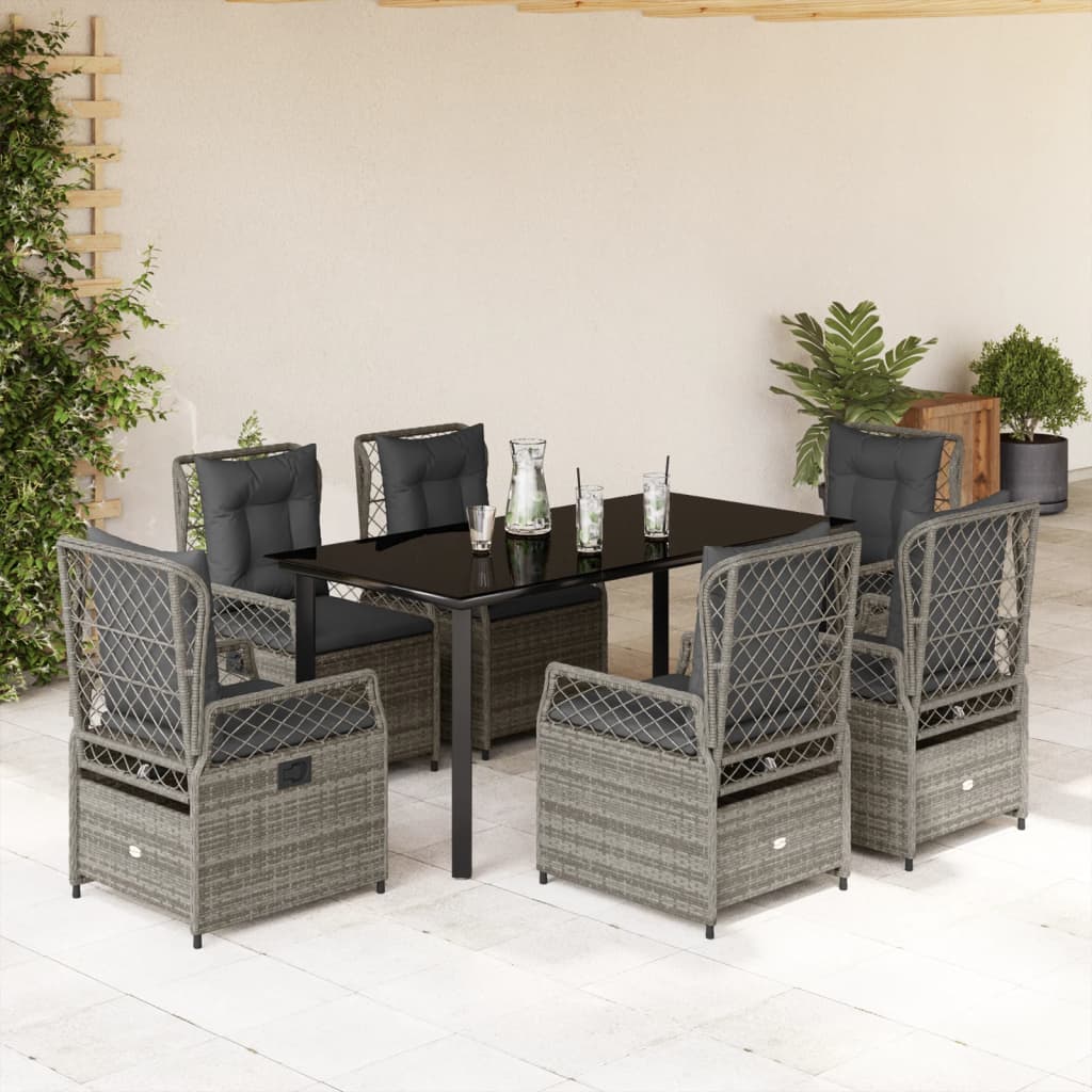 7 pcs conjunto de jantar p/ jardim c/ almofadões vime PE cinza