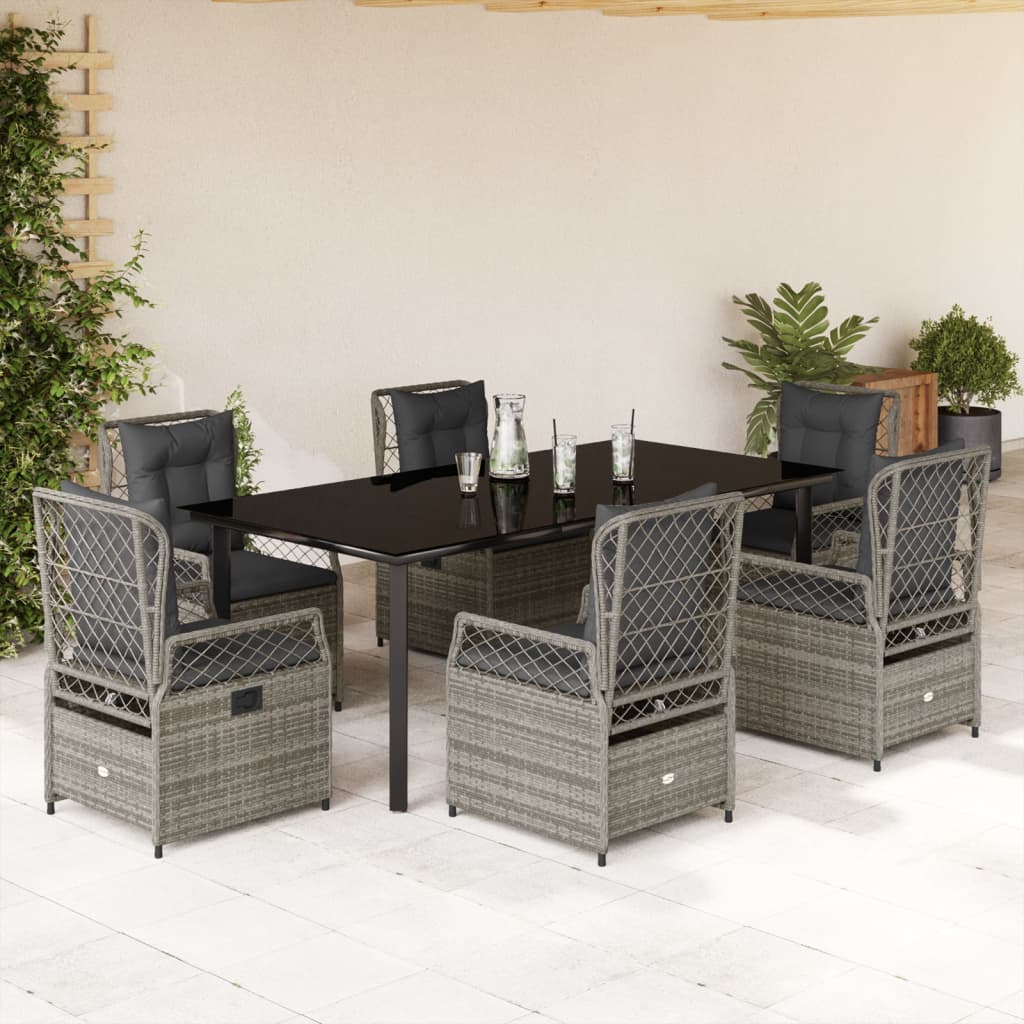 7 pcs conjunto de jantar p/ jardim c/ almofadões vime PE cinza