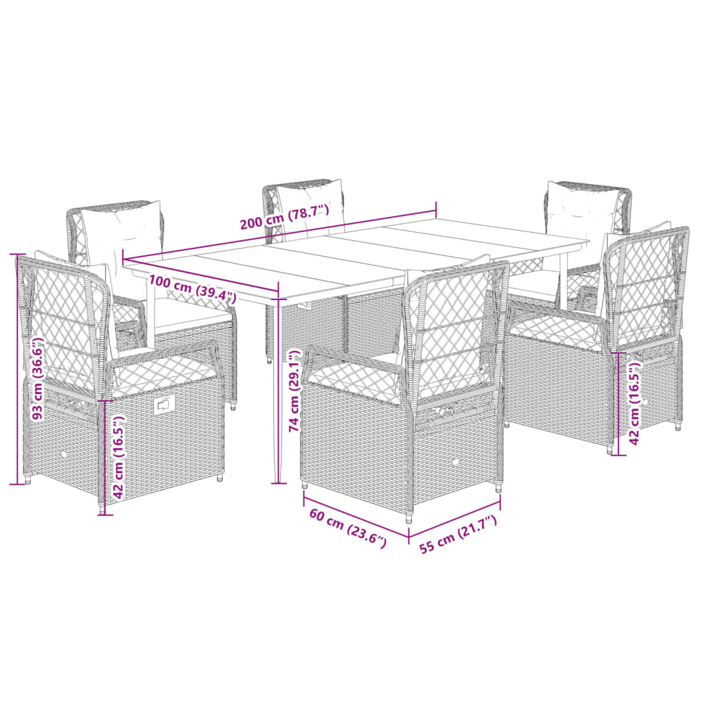 7 pcs conj. jantar p/ jardim c/ almofadões vime PE cinza-claro