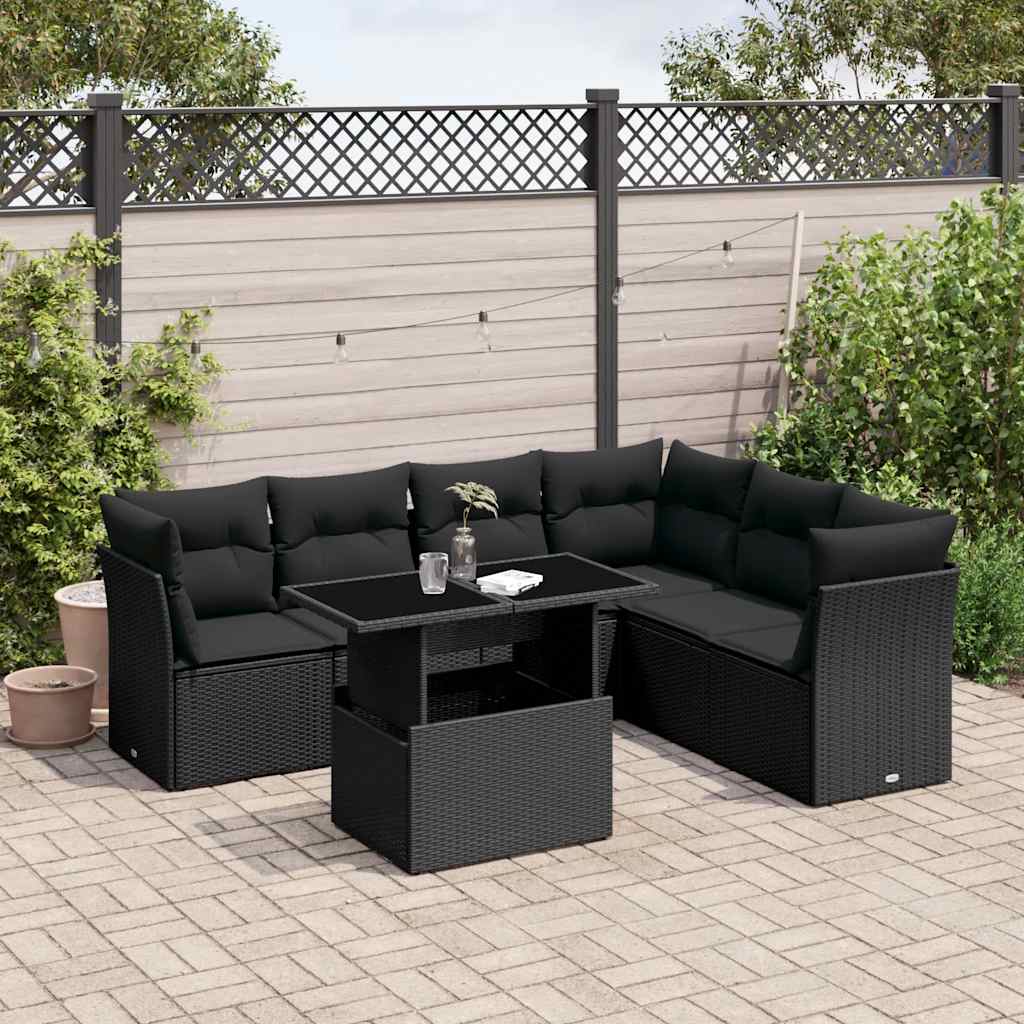 7 pcs conjunto de sofás p/ jardim c/ almofadões vime PE preto