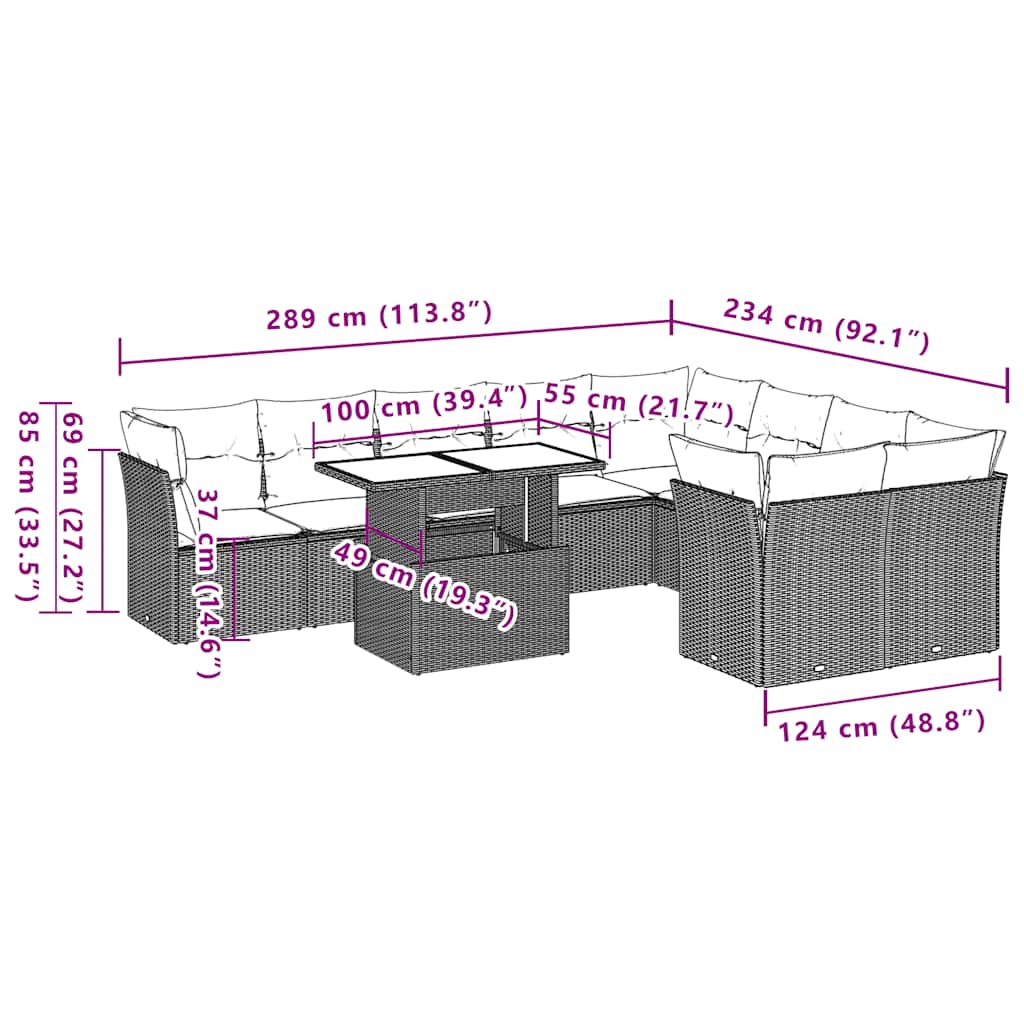 10 pcs conjunto sofás de jardim c/ almofadões vime PE preto
