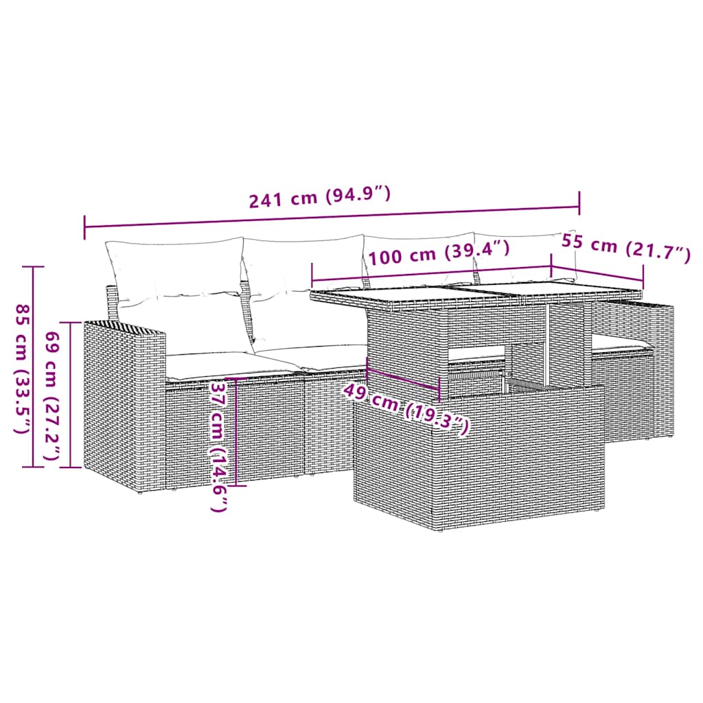 5 pcs conjunto de sofás p/ jardim com almofadões vime PE bege