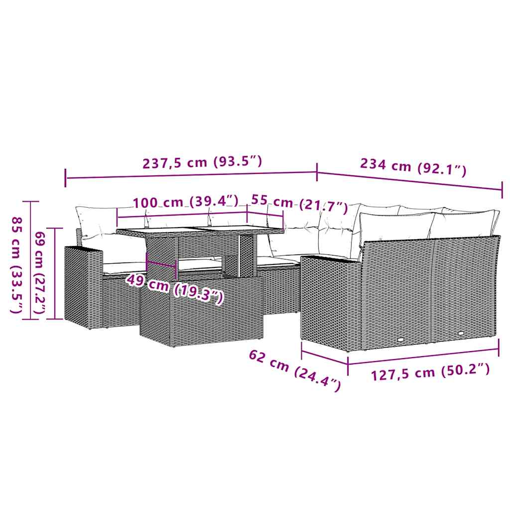 9 pcs conjunto de sofás p/ jardim com almofadões vime PE bege