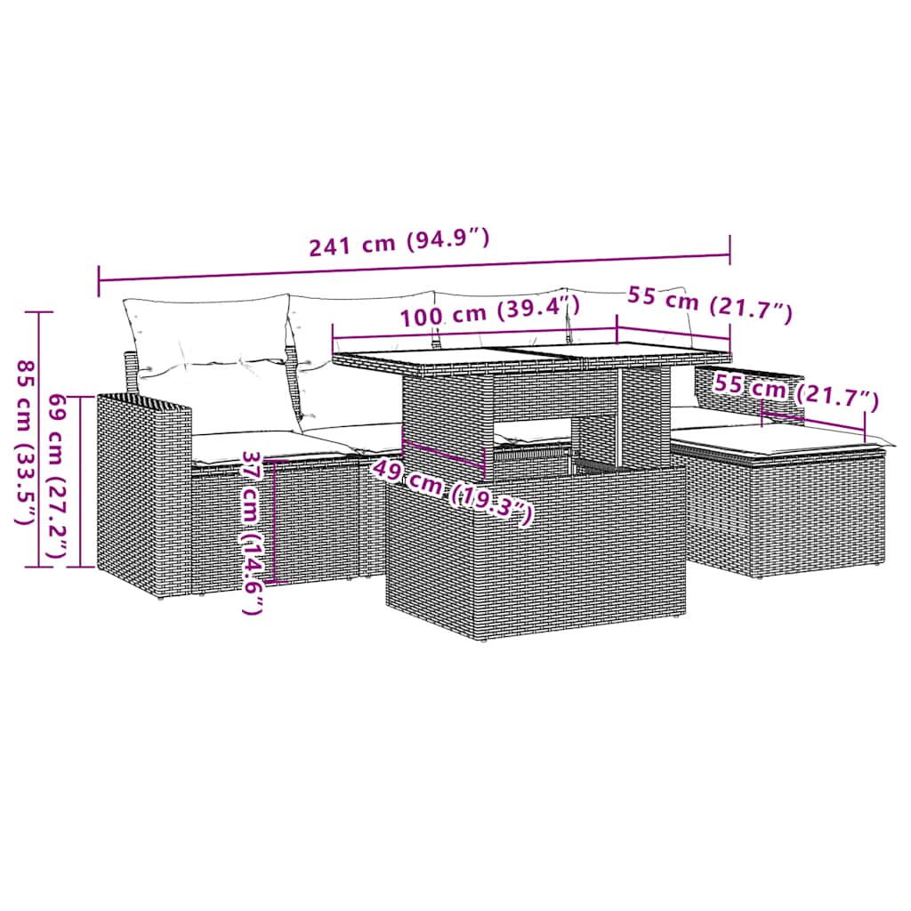 6 pcs conjunto sofás de jardim c/ almofadões vime PE preto