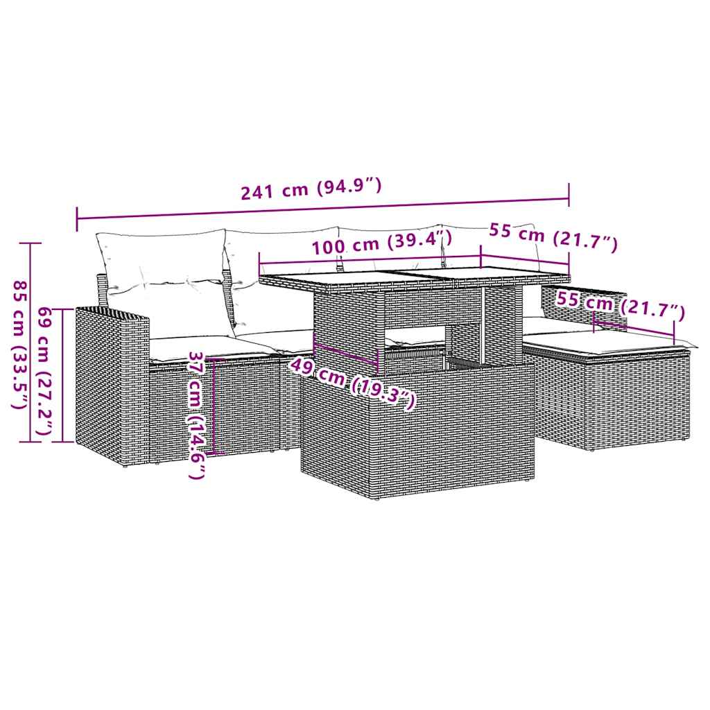 6 pcs conjunto sofás de jardim c/ almofadões vime PE preto