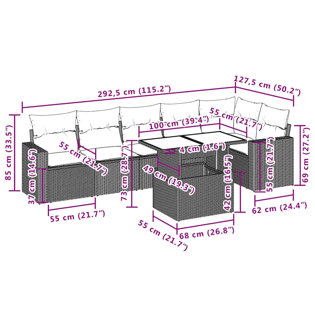 7 pcs conjunto de sofás p/ jardim com almofadões vime PE bege
