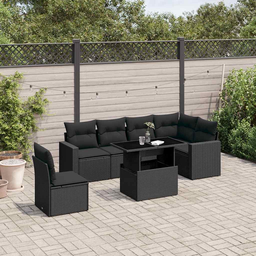 7 pcs conjunto de sofás p/ jardim c/ almofadões vime PE preto