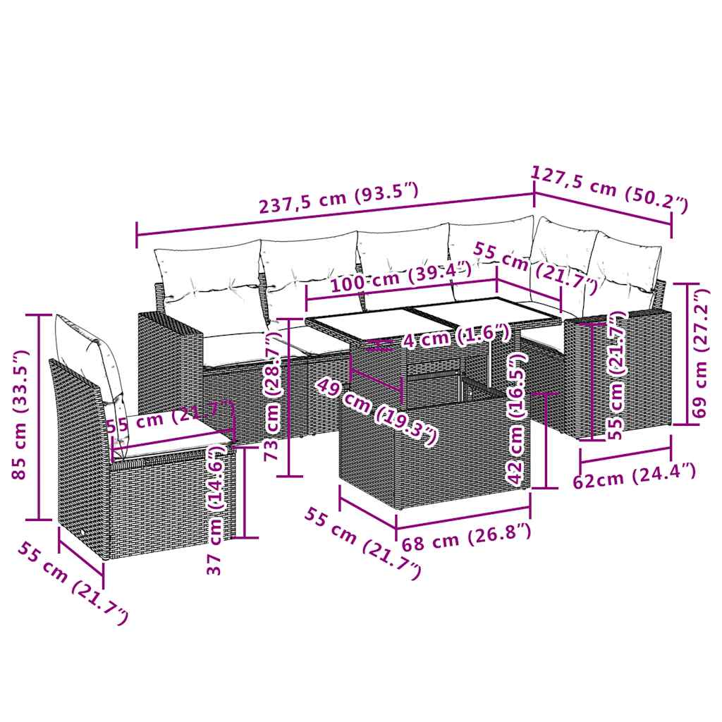 7 pcs conjunto de sofás p/ jardim com almofadões vime PE bege