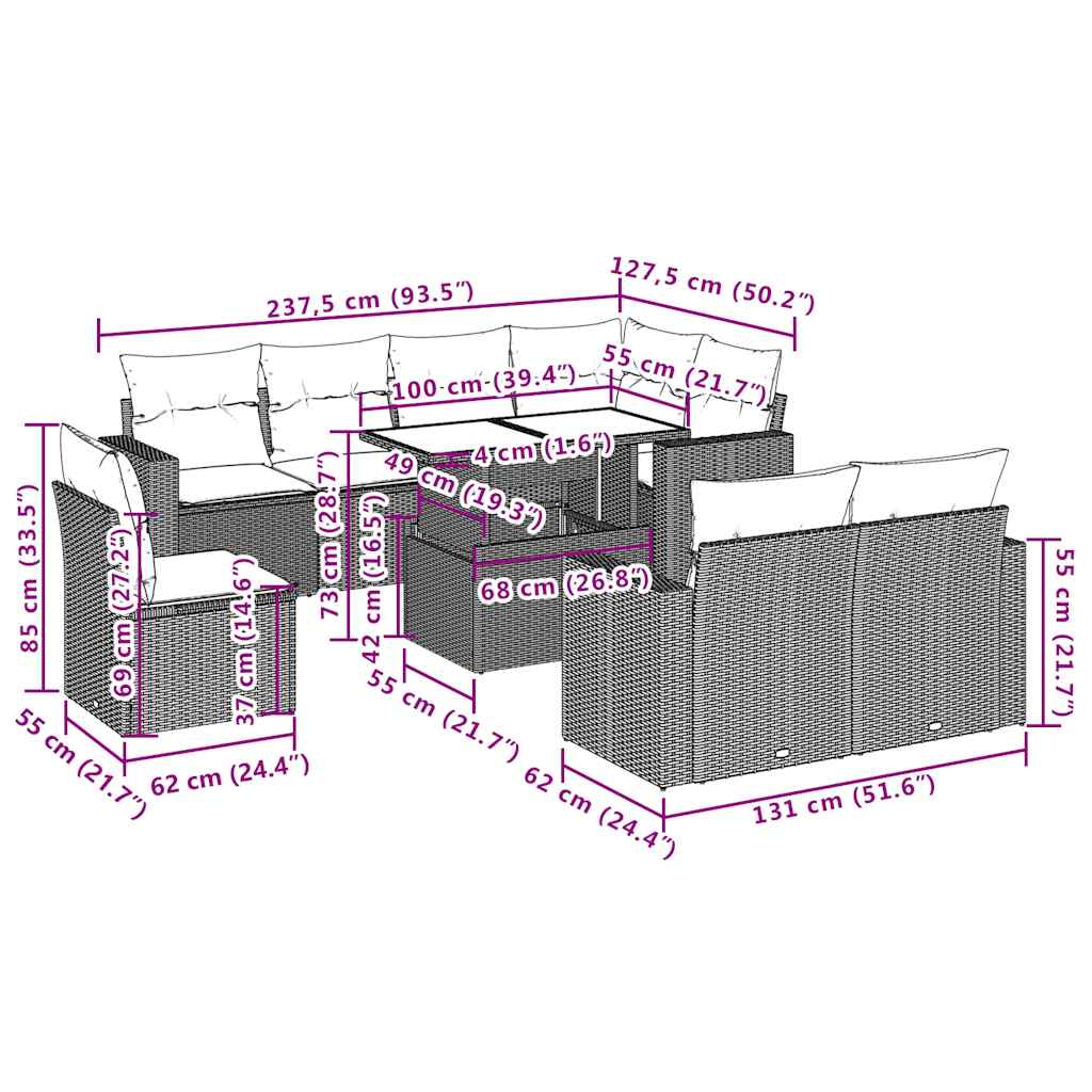 9 pcs conjunto de sofás p/ jardim com almofadões vime PE bege