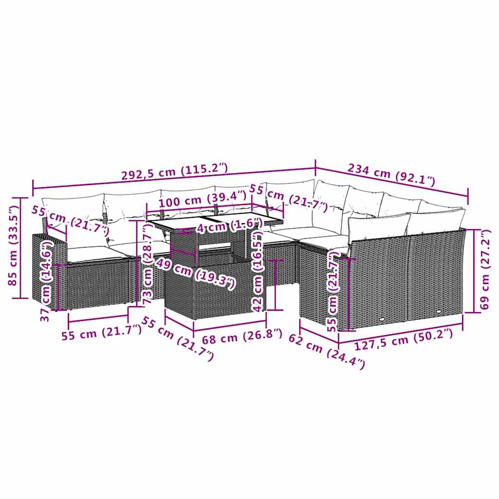 10 pcs conjunto de sofás p/ jardim com almofadões vime PE bege