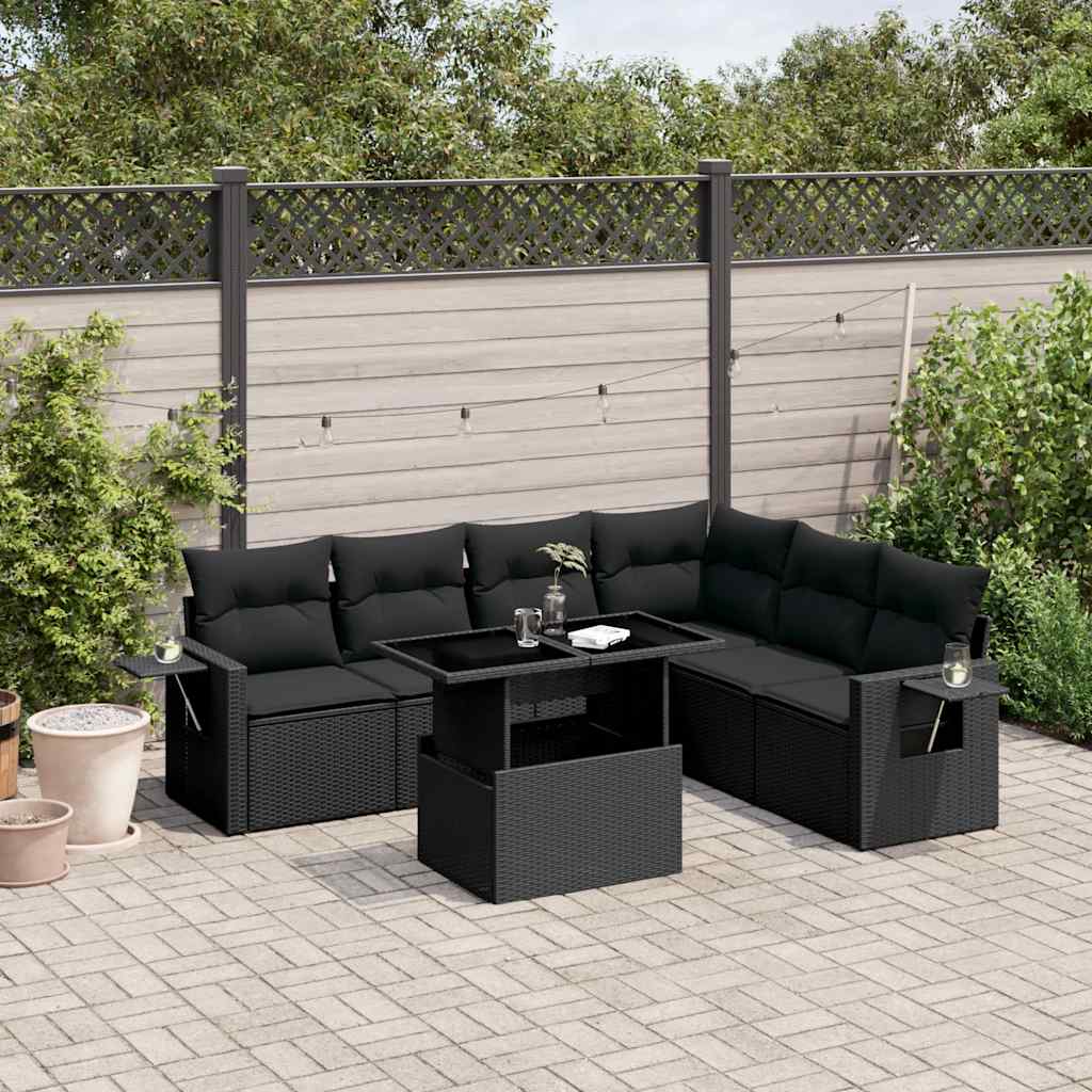 7 pcs conjunto de sofás p/ jardim c/ almofadões vime PE preto