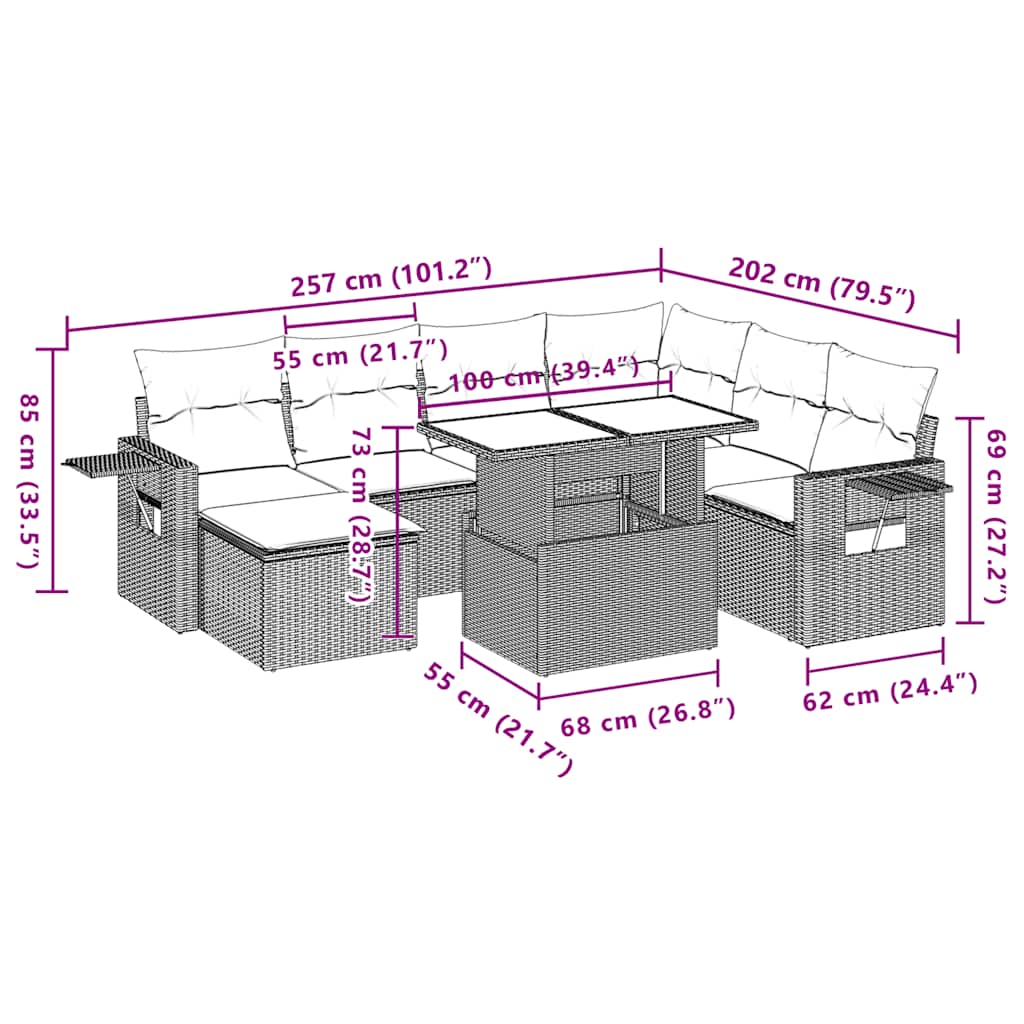 8 pcs conjunto sofás de jardim com almofadões vime PE preto