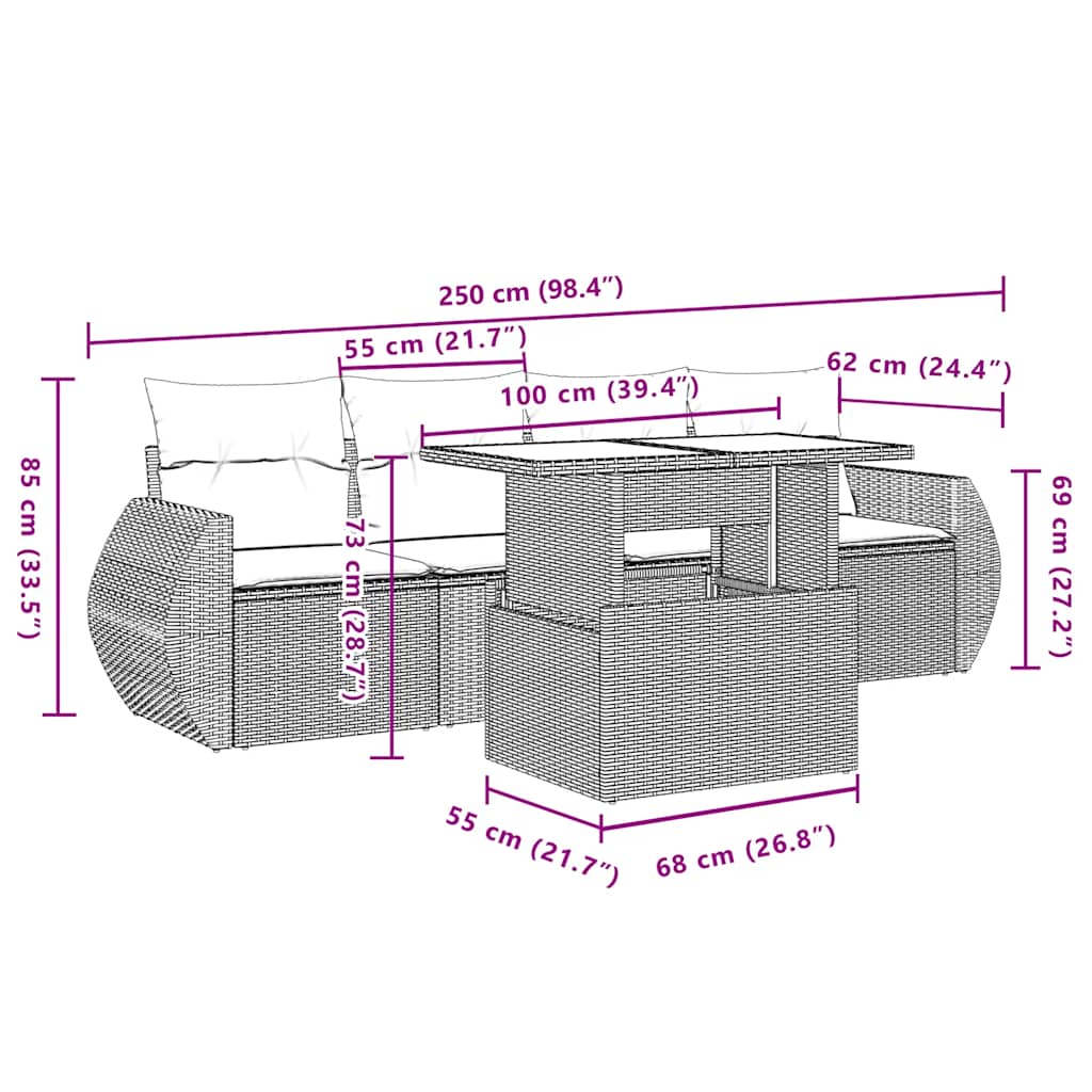 5 pcs conjunto de sofás p/ jardim com almofadões vime PE bege