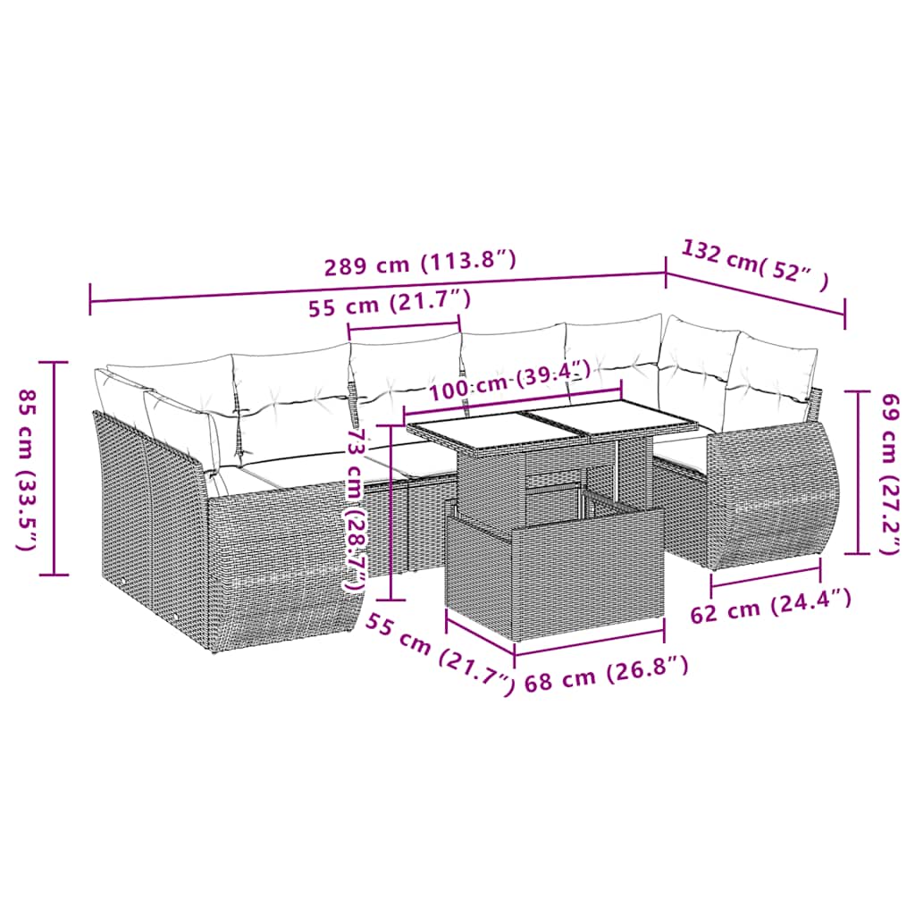 8 pcs conj. sofás jardim c/ almofadões vime PE cinzento-claro