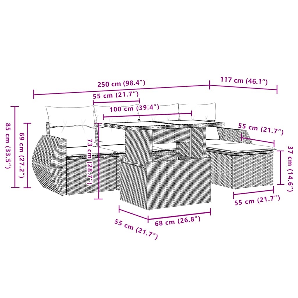 6 pcs conjunto de sofás p/ jardim com almofadões vime PE bege