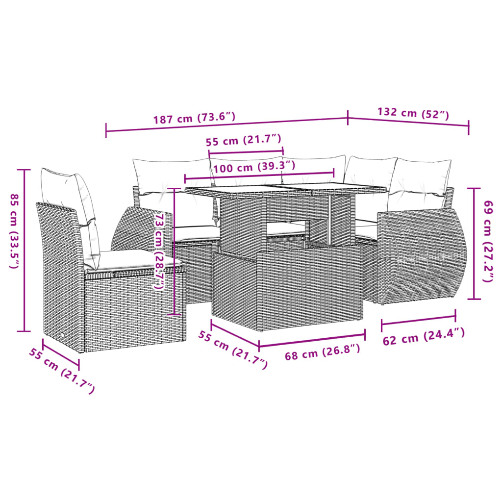 6 pcs conjunto de sofás p/ jardim com almofadões vime PE bege