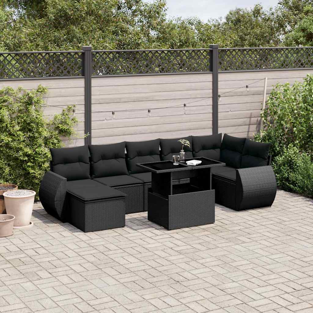 8 pcs conjunto sofás de jardim com almofadões vime PE preto