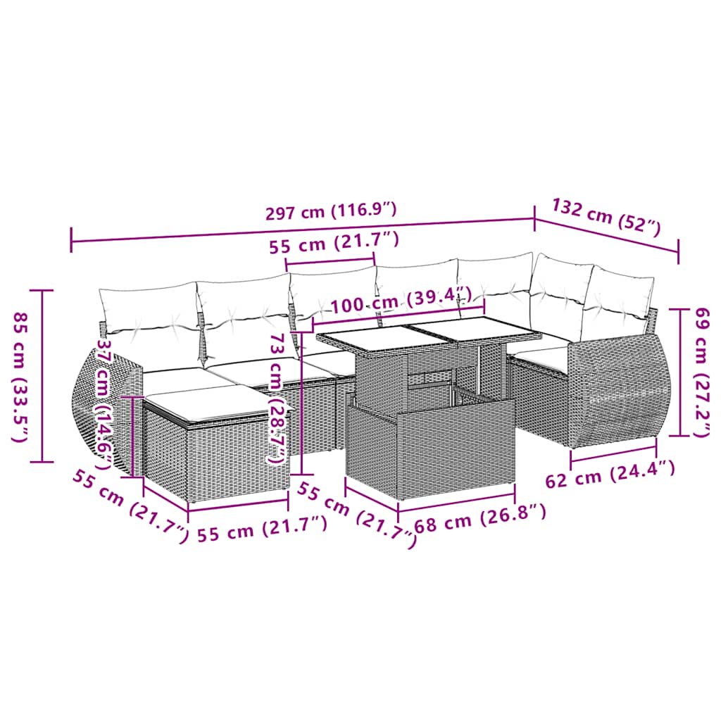 8 pcs conjunto de sofás p/ jardim com almofadões vime PE bege