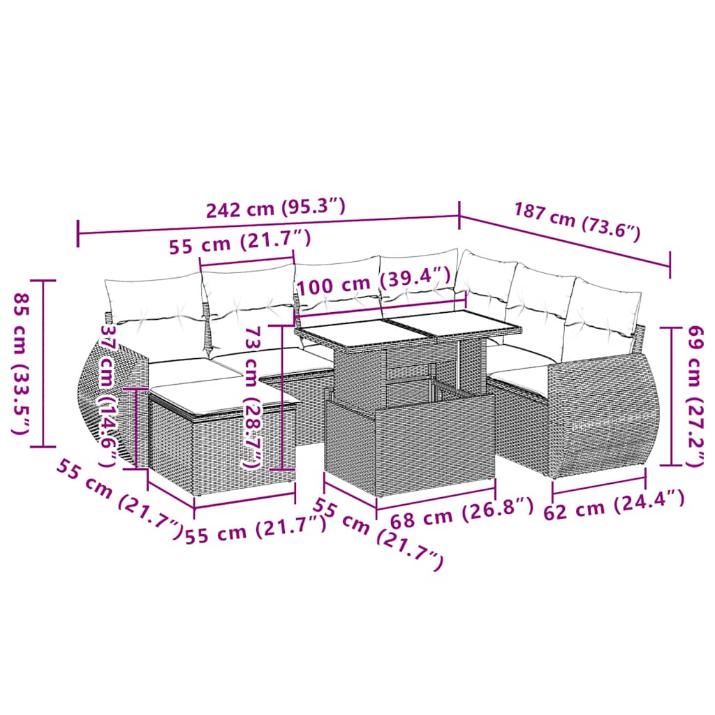 8 pcs conjunto de sofás p/ jardim com almofadões vime PE bege