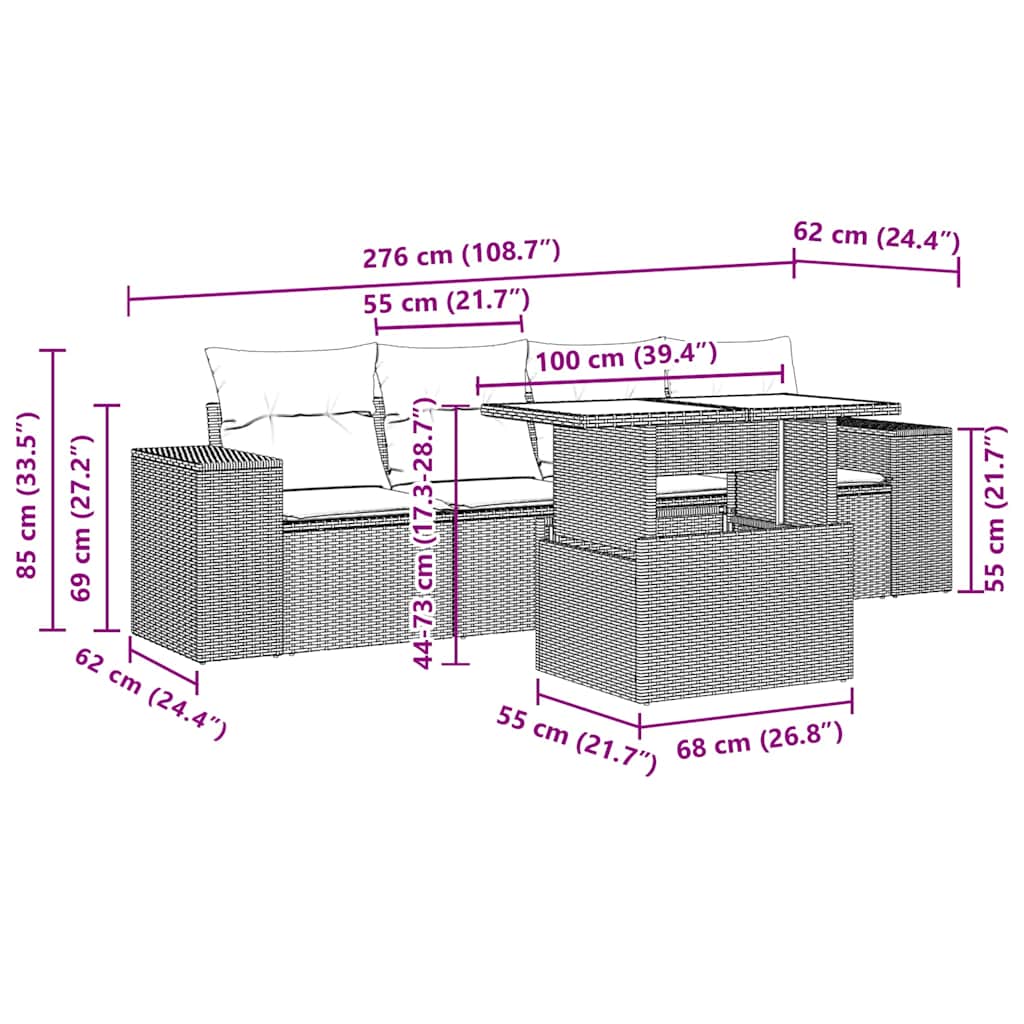 5 pcs conj. sofás jardim c/ almofadões vime PE cinzento-claro