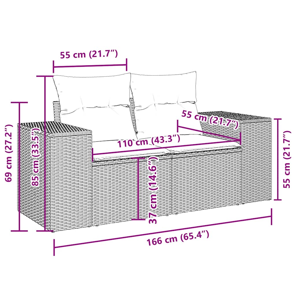 5 pcs conj. sofás jardim c/ almofadões vime PE cinzento-claro