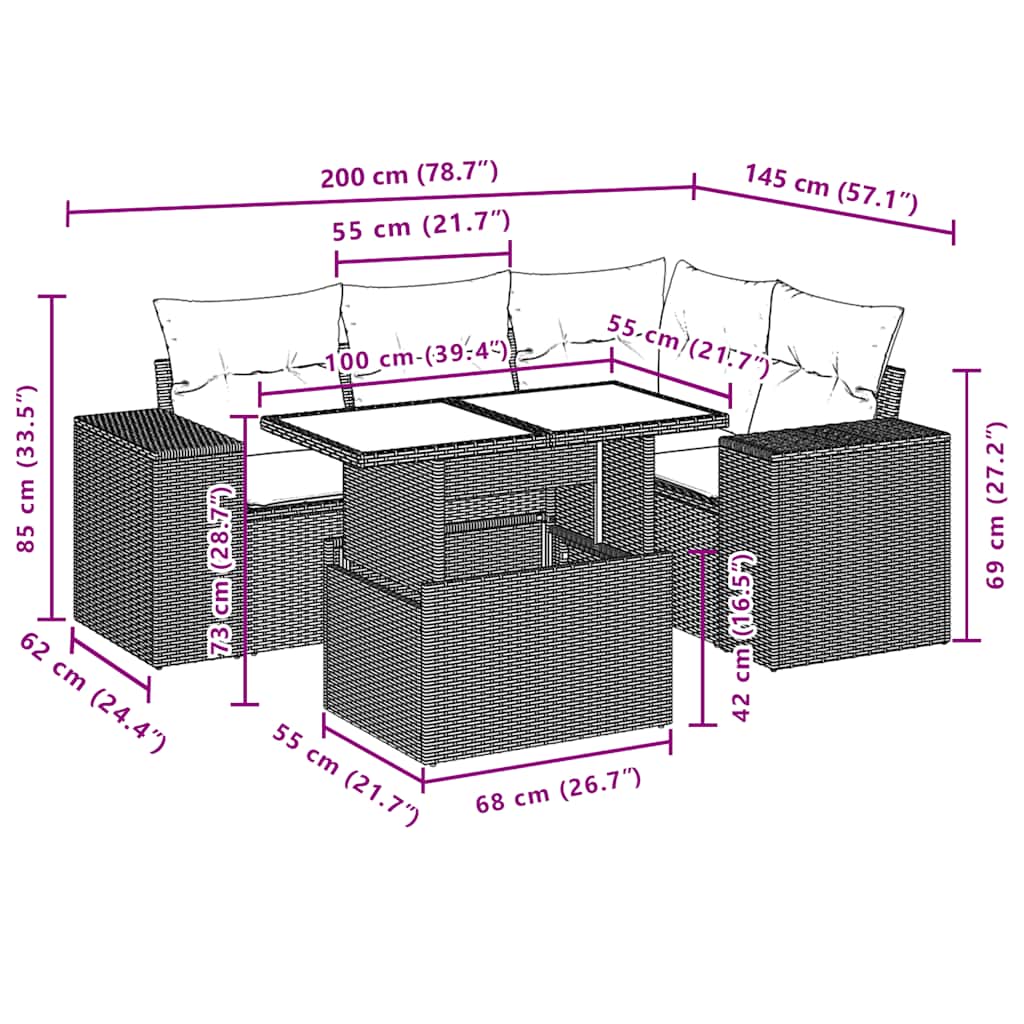 5 pcs conjunto sofás de jardim com almofadões vime PE preto