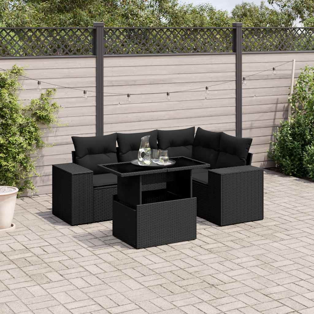 5 pcs conjunto sofás de jardim com almofadões vime PE preto