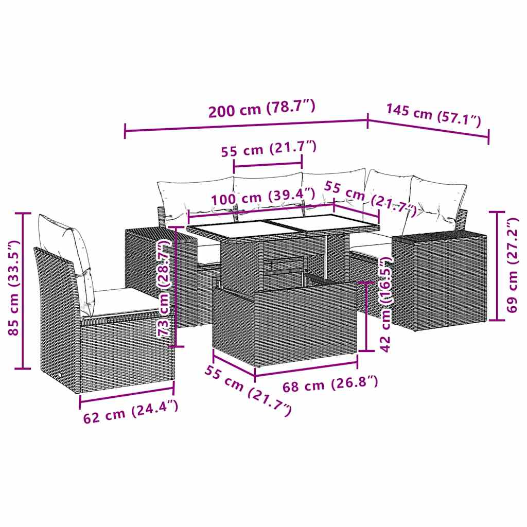 6 pcs conjunto sofás de jardim c/ almofadões vime PE preto