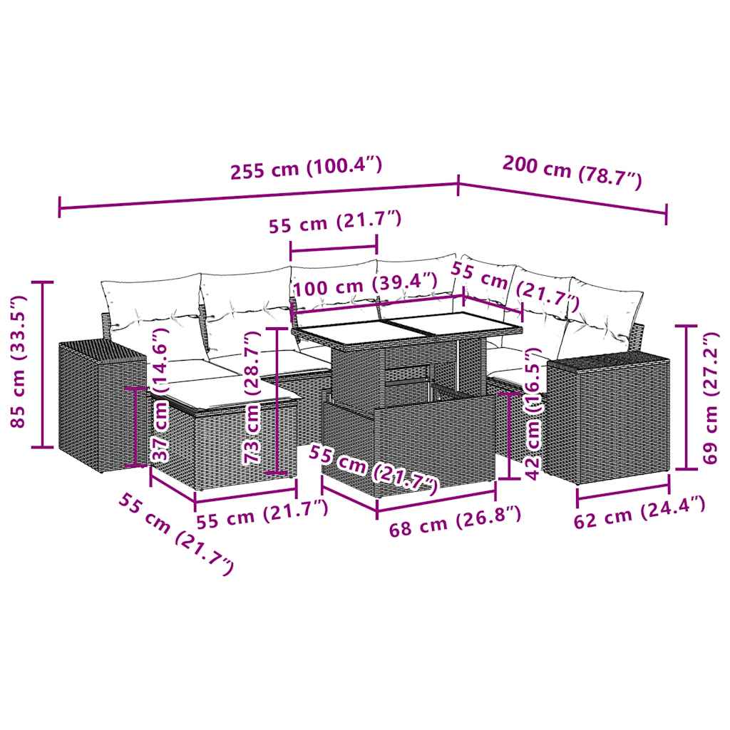 8 pcs conjunto sofás de jardim com almofadões vime PE preto