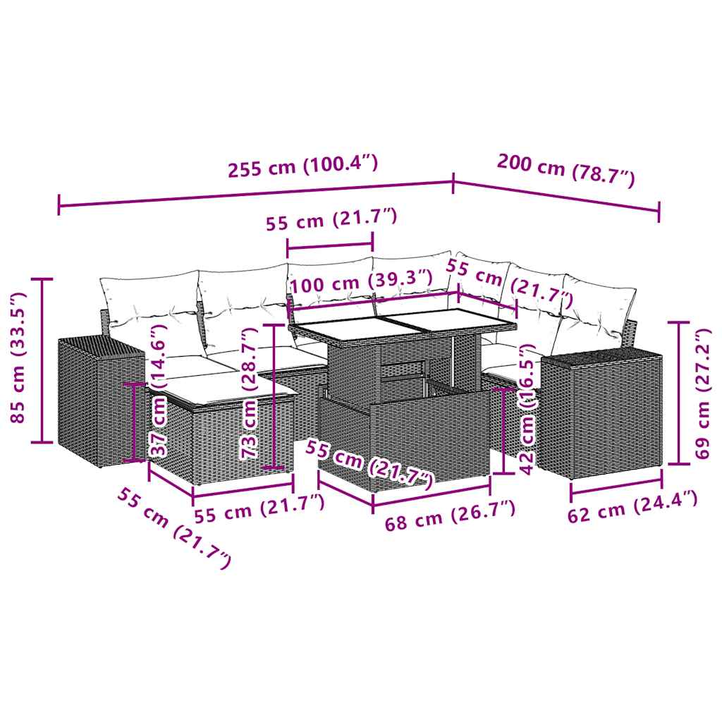 8 pcs conjunto sofás de jardim c/ almofadões vime PE castanho