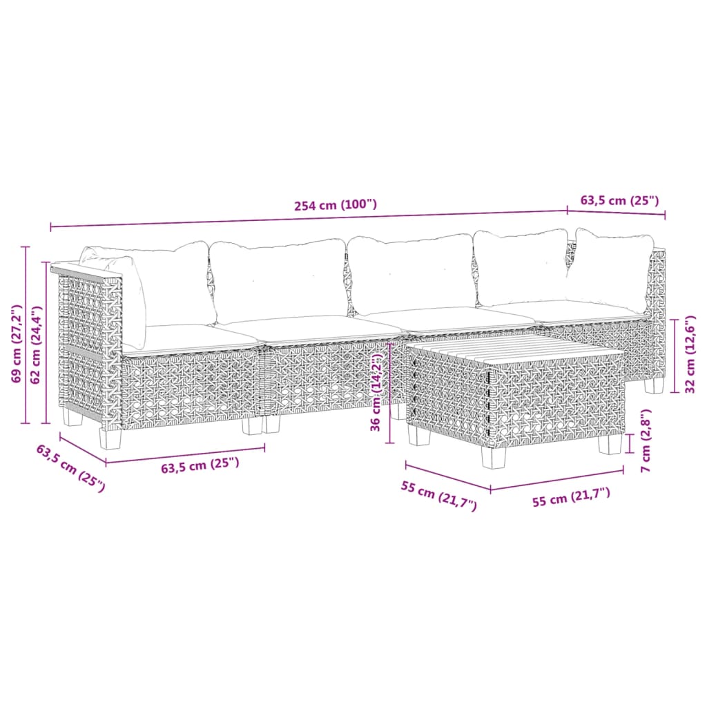 5 pcs conjunto sofás de jardim com almofadões vime PE preto