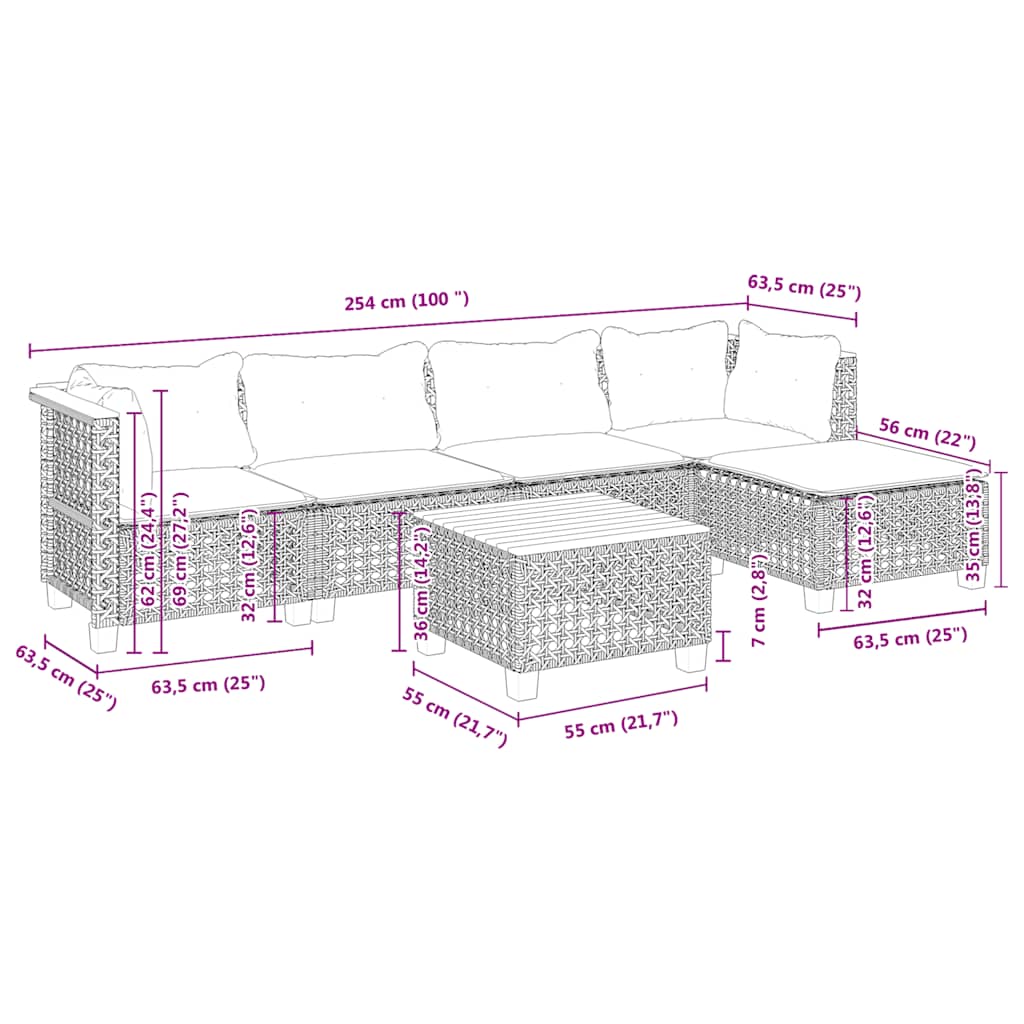 6 pcs conjunto de sofás p/ jardim com almofadões vime PE bege