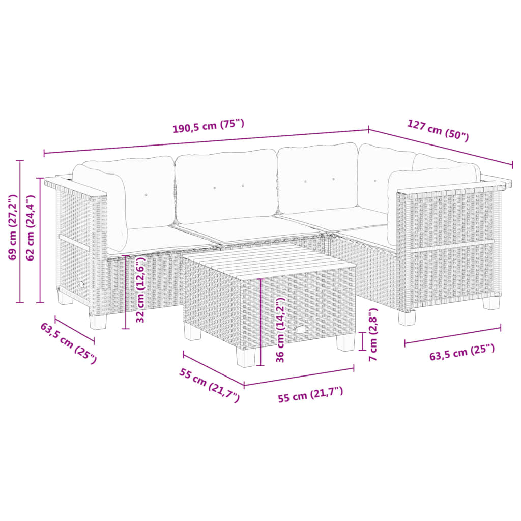 5 pcs conjunto sofás de jardim c/ almofadões vime PE cinzento