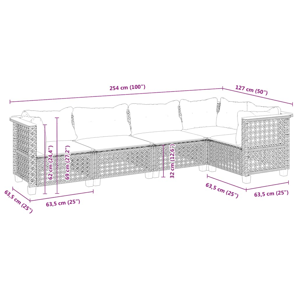 5 pcs conjunto de sofás p/ jardim com almofadões vime PE bege