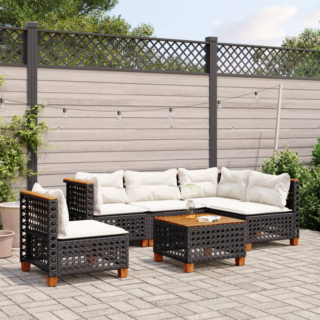 6 pcs conjunto sofás de jardim c/ almofadões vime PE preto