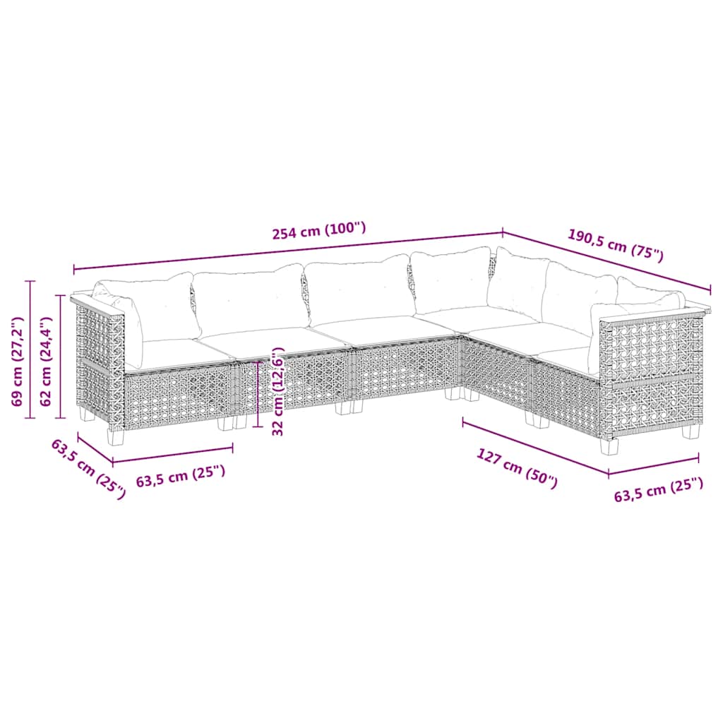 6 pcs conjunto de sofás p/ jardim com almofadões vime PE bege