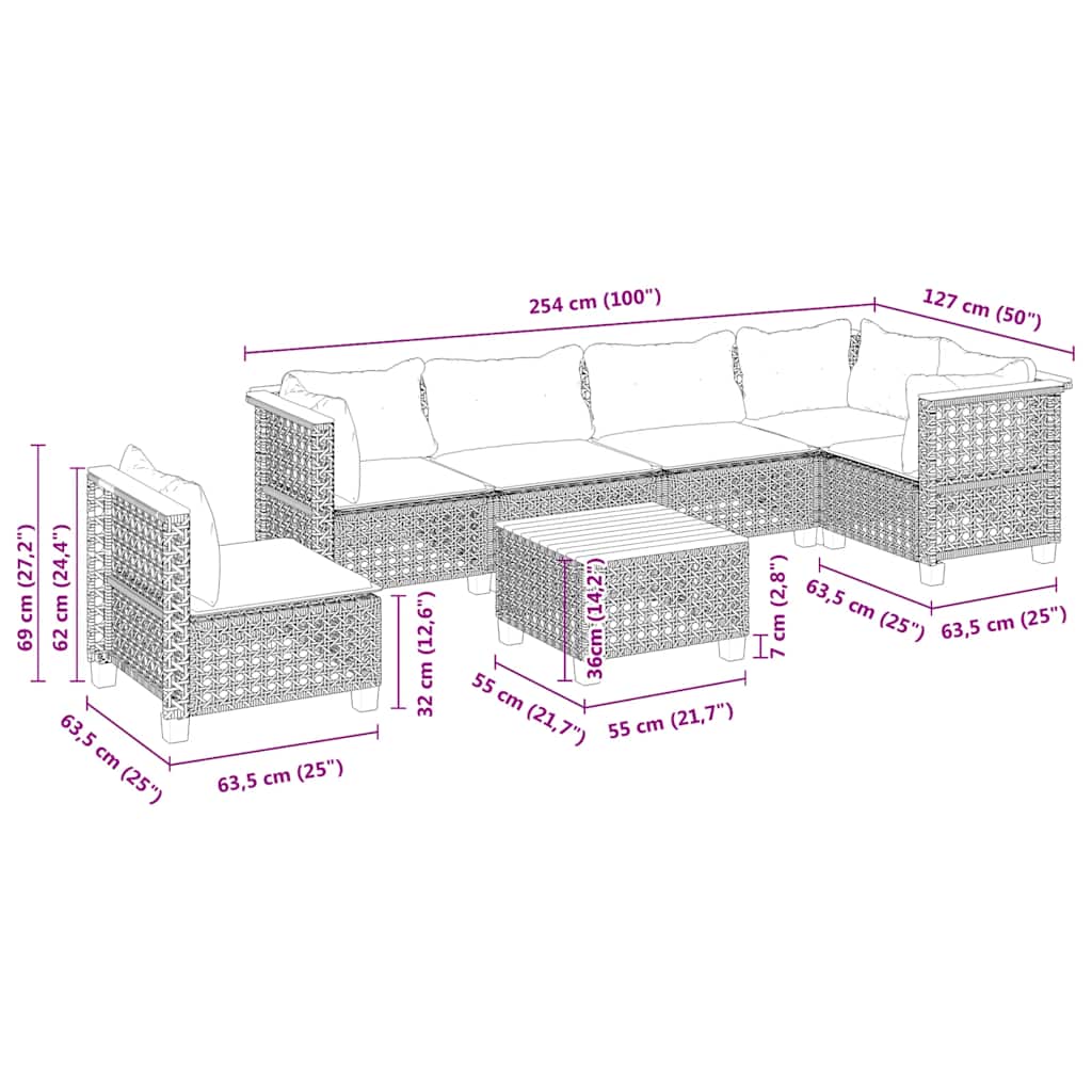 7 pcs conjunto de sofás p/ jardim com almofadões vime PE bege
