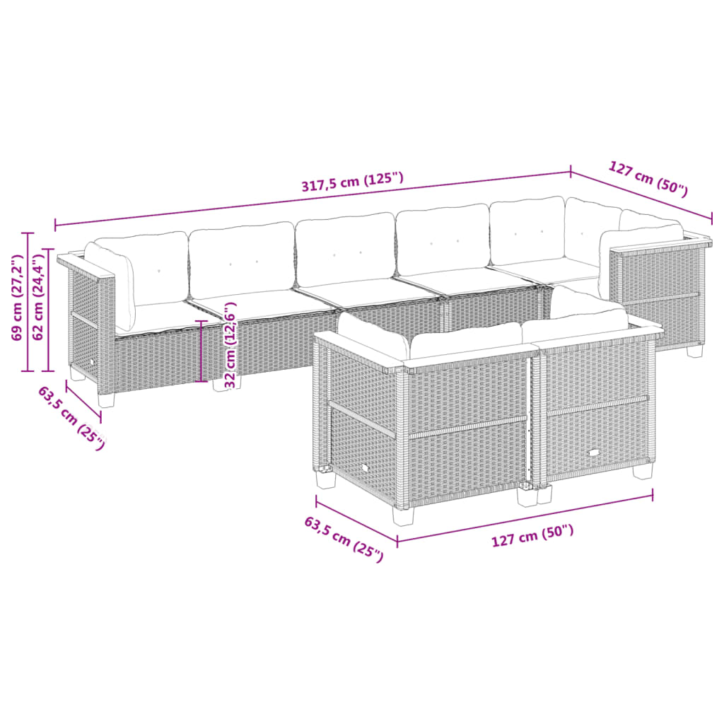 8 pcs conjunto de sofás p/ jardim com almofadões vime PE bege