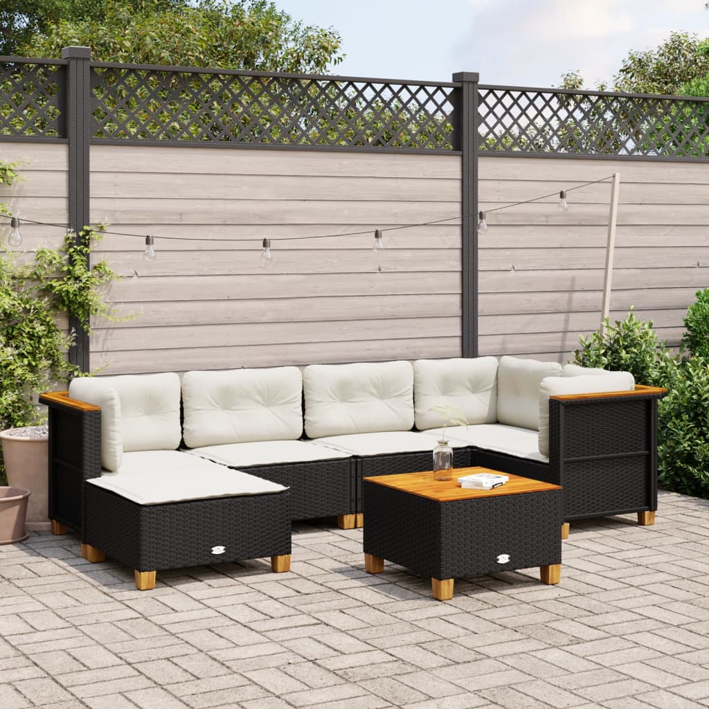 7 pcs conjunto de sofás p/ jardim c/ almofadões vime PE preto