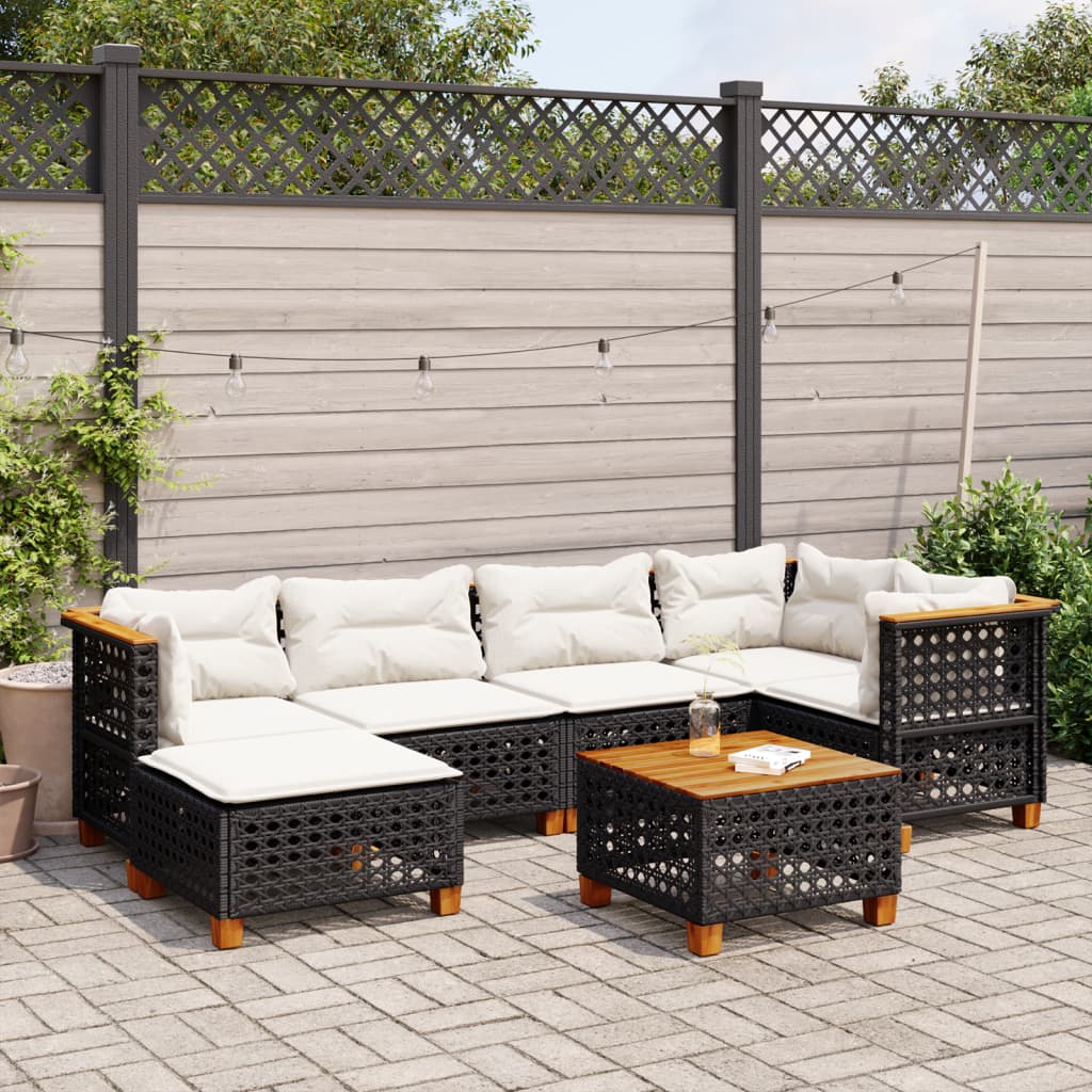 7 pcs conjunto de sofás p/ jardim c/ almofadões vime PE preto