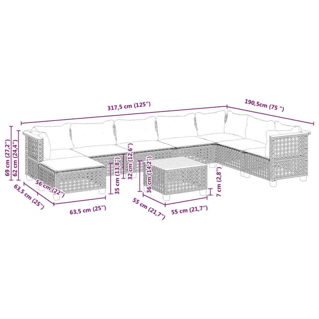 9 pcs conjunto de sofás p/ jardim com almofadões vime PE bege